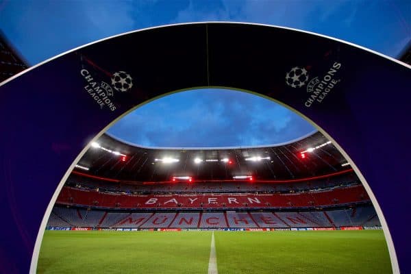 MUNICH, GERMANY - Wednesday, March 13, 2019: The UEFA arch at the Allianz Arena ahead of the UEFA Champions League Round of 16 2nd Leg match between FC Bayern München and Liverpool FC. (Pic by David Rawcliffe/Propaganda)