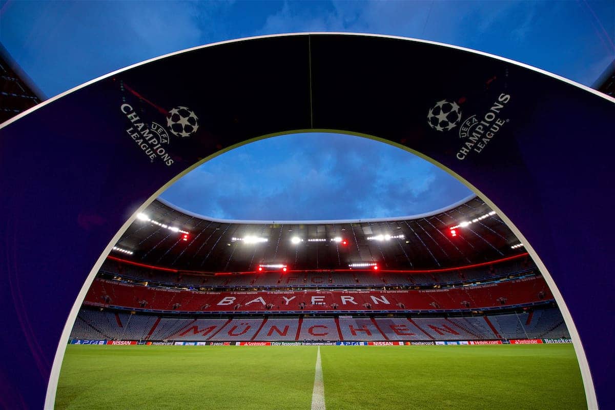 MUNICH, GERMANY - Wednesday, March 13, 2019: The UEFA arch at the Allianz Arena ahead of the UEFA Champions League Round of 16 2nd Leg match between FC Bayern München and Liverpool FC. (Pic by David Rawcliffe/Propaganda)