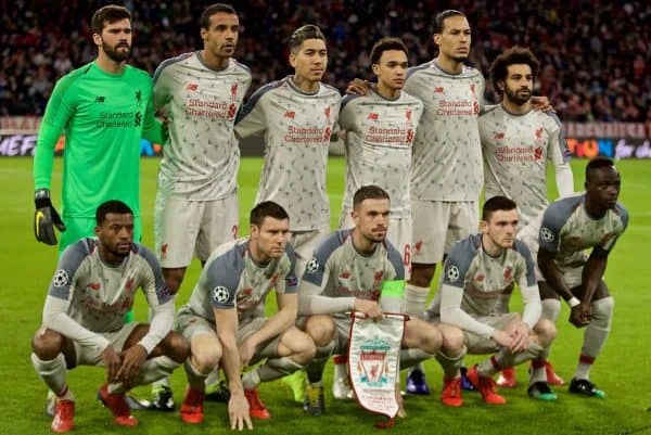 MUNICH, GERMANY - Wednesday, March 13, 2019: Liverpool's players line-up for a team group photograph before the UEFA Champions League Round of 16 2nd Leg match between FC Bayern M¸nchen and Liverpool FC at the Allianz Arena. Back row L-R: : goalkeeper Alisson Becker, Joel Matip, Roberto Firmino, Trent Alexander-Arnold, Virgil van Dijk, Mohamed Salah. Front row L-R: Georginio Wijnaldum, James Milner, captain Jordan Henderson, Andy Robertson, Said Mane. (Pic by David Rawcliffe/Propaganda)