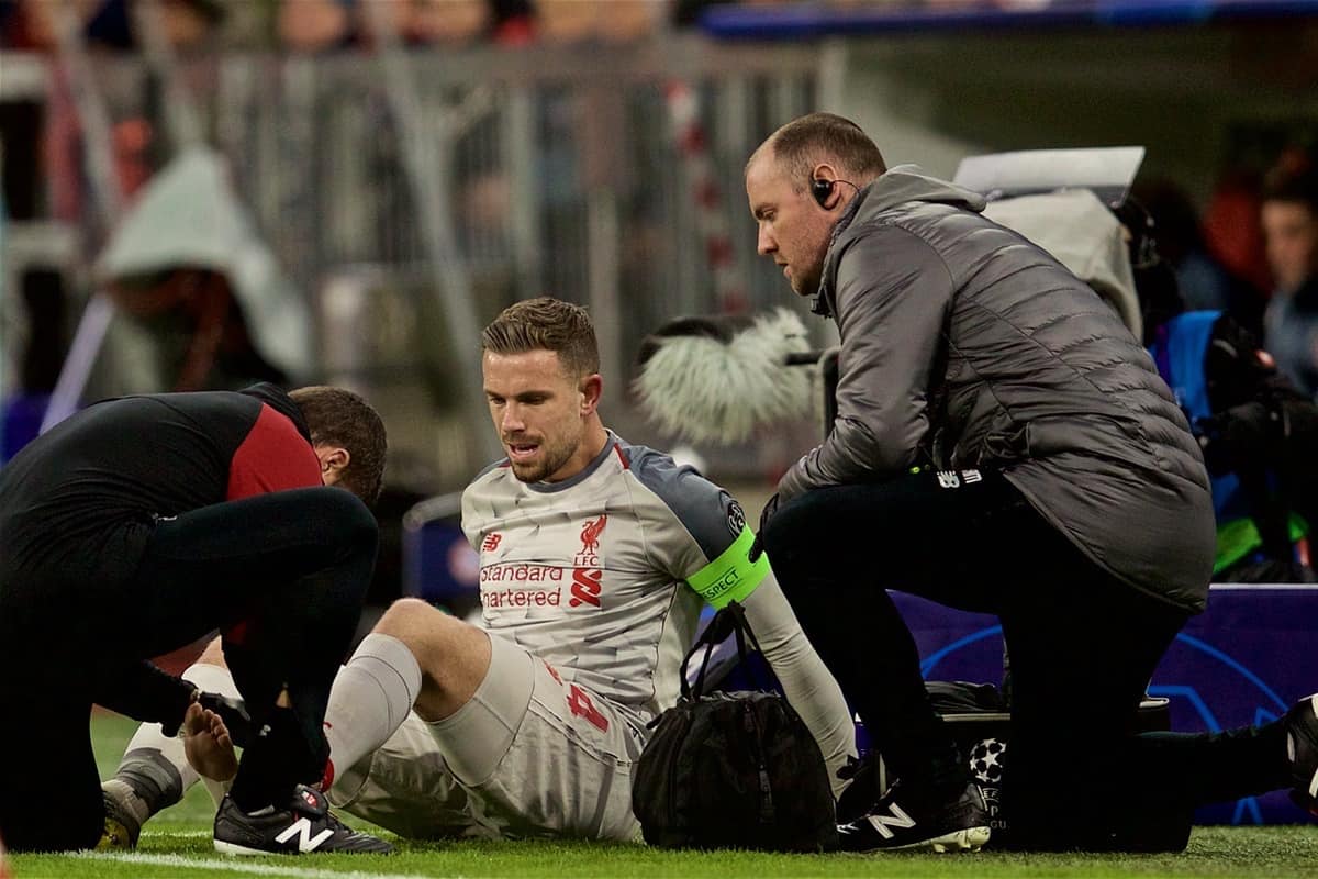 MUNICH, GERMANY - Wednesday, March 13, 2019: Liverpool's captain Jordan Henderson injured during the UEFA Champions League Round of 16 2nd Leg match between FC Bayern M¸nchen and Liverpool FC at the Allianz Arena. (Pic by David Rawcliffe/Propaganda)