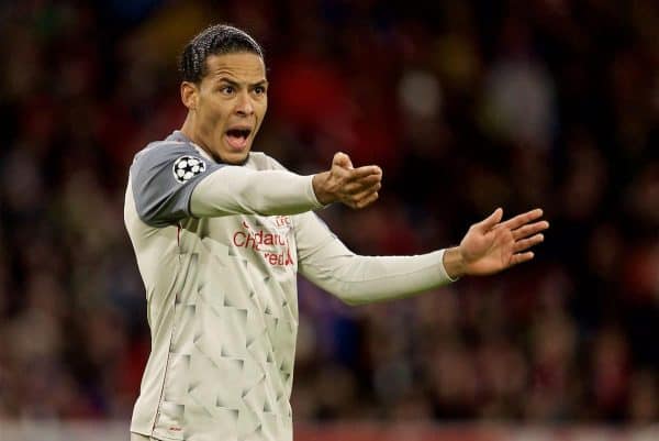 MUNICH, GERMANY - Wednesday, March 13, 2019: Liverpool's Virgil van Dijk reacts during the UEFA Champions League Round of 16 2nd Leg match between FC Bayern München and Liverpool FC at the Allianz Arena. (Pic by David Rawcliffe/Propaganda)