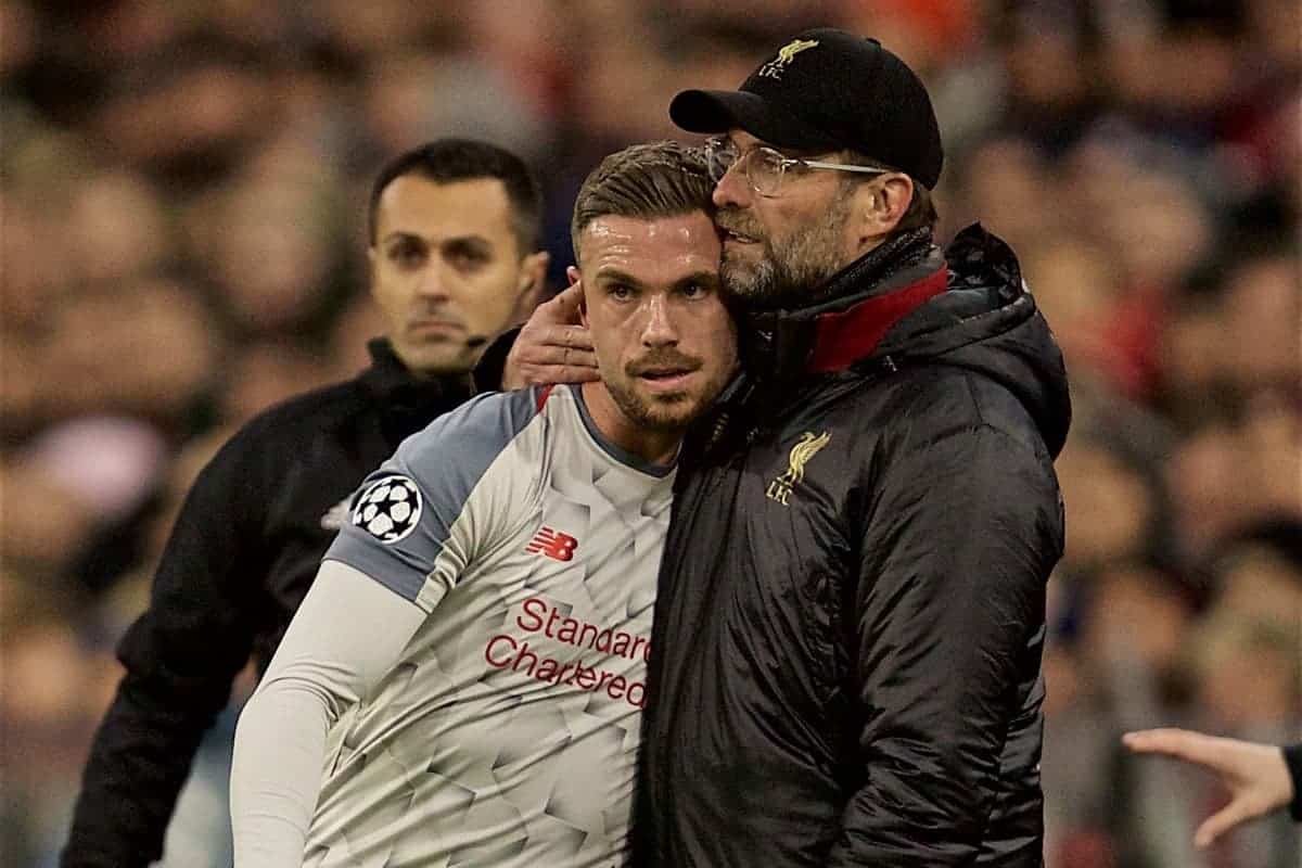 MUNICH, GERMANY - Wednesday, March 13, 2019: Liverpool's manager J¸rgen Klopp embraces captain Jordan Henderson as he is substituted with an injury during the UEFA Champions League Round of 16 2nd Leg match between FC Bayern M¸nchen and Liverpool FC at the Allianz Arena. (Pic by David Rawcliffe/Propaganda)