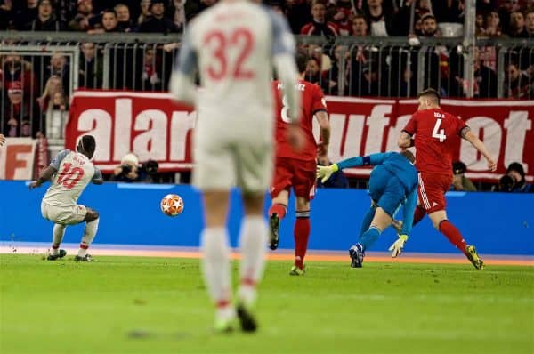 MUNICH, GERMANY - Wednesday, March 13, 2019: Liverpool's Sadio Mane shoots to score the first goal during the UEFA Champions League Round of 16 2nd Leg match between FC Bayern München and Liverpool FC at the Allianz Arena. (Pic by David Rawcliffe/Propaganda)