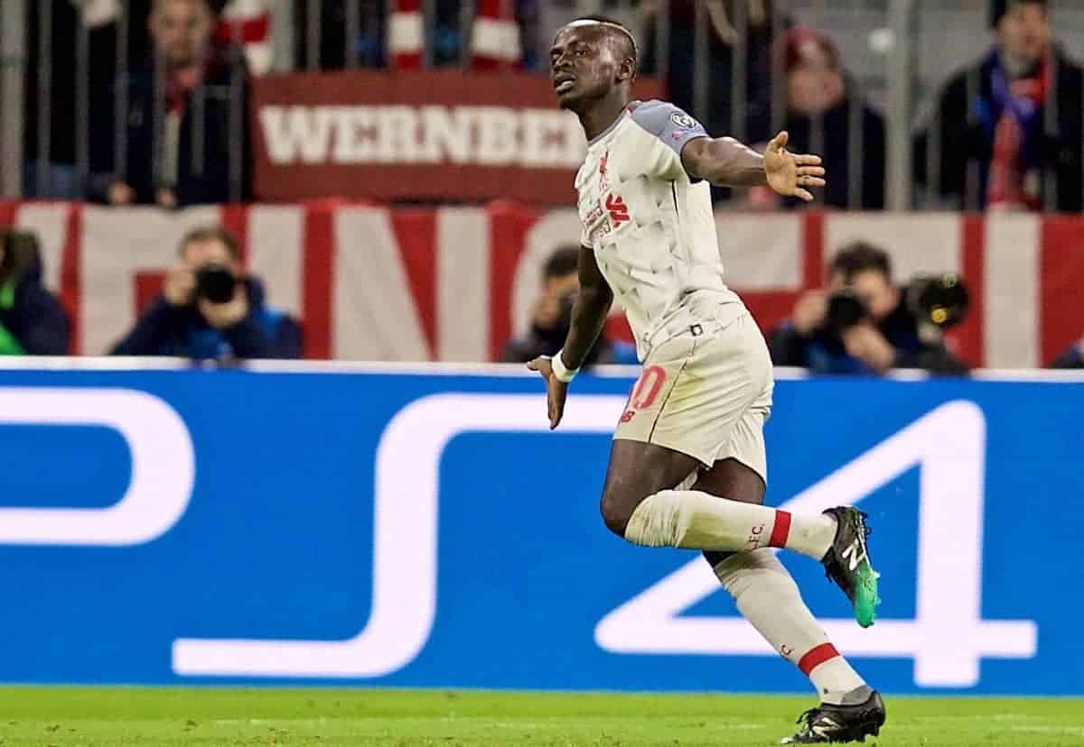 MUNICH, GERMANY - Wednesday, March 13, 2019: Liverpool's Sadio Mane celebrates scoring the first goal during the UEFA Champions League Round of 16 2nd Leg match between FC Bayern M¸nchen and Liverpool FC at the Allianz Arena. (Pic by David Rawcliffe/Propaganda)