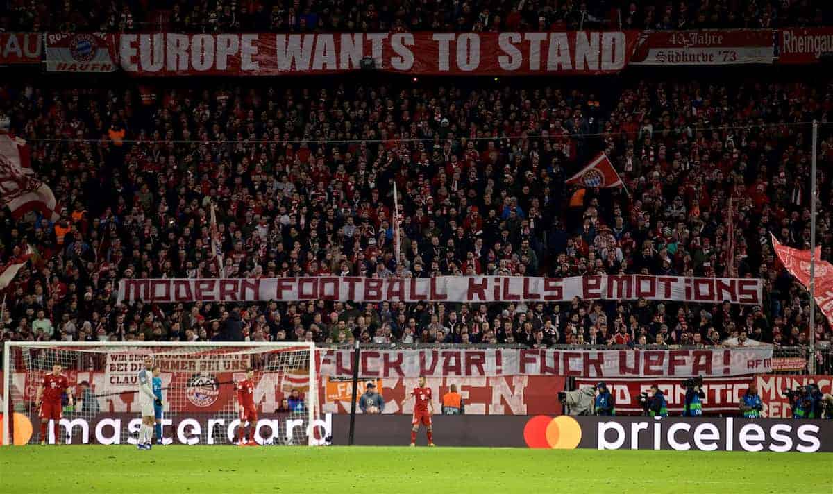 MUNICH, GERMANY - Wednesday, March 13, 2019: FC Bayern Munich supporters' banner "quote the two banners"during the UEFA Champions League Round of 16 2nd Leg match between FC Bayern München and Liverpool FC at the Allianz Arena. (Pic by David Rawcliffe/Propaganda)