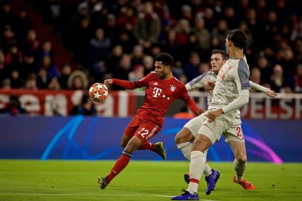 MUNICH, GERMANY - Wednesday, March 13, 2019: FC Bayern Munich's Serge Gnabry scores the first equalising goal during the UEFA Champions League Round of 16 2nd Leg match between FC Bayern München and Liverpool FC at the Allianz Arena. (Pic by David Rawcliffe/Propaganda)