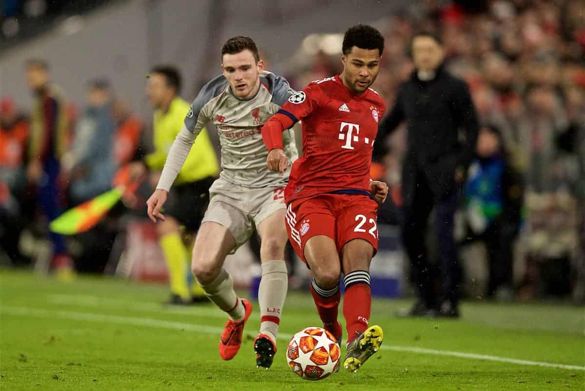 MUNICH, GERMANY - Wednesday, March 13, 2019: Liverpool's Andy Robertson (L) and FC Bayern Munich's Serge Gnabry during the UEFA Champions League Round of 16 2nd Leg match between FC Bayern München and Liverpool FC at the Allianz Arena. (Pic by David Rawcliffe/Propaganda)