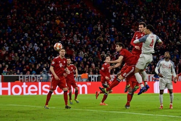 MUNICH, GERMANY - Wednesday, March 13, 2019: Liverpool's Virgil van Dijk scores the second goal during the UEFA Champions League Round of 16 2nd Leg match between FC Bayern M¸nchen and Liverpool FC at the Allianz Arena. (Pic by David Rawcliffe/Propaganda)