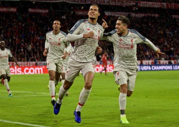 MUNICH, GERMANY - Wednesday, March 13, 2019: Liverpool's Virgil van Dijk celebrates scoring the second goal during the UEFA Champions League Round of 16 2nd Leg match between FC Bayern München and Liverpool FC at the Allianz Arena. (Pic by David Rawcliffe/Propaganda)