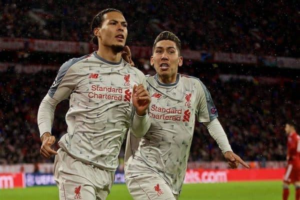 MUNICH, GERMANY - Wednesday, March 13, 2019: Liverpool's Virgil van Dijk celebrates scoring the second goal during the UEFA Champions League Round of 16 2nd Leg match between FC Bayern München and Liverpool FC at the Allianz Arena. (Pic by David Rawcliffe/Propaganda)