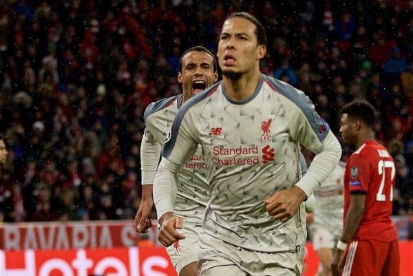 MUNICH, GERMANY - Wednesday, March 13, 2019: Liverpool's Virgil van Dijk celebrates scoring the second goalduring the UEFA Champions League Round of 16 2nd Leg match between FC Bayern München and Liverpool FC at the Allianz Arena. (Pic by David Rawcliffe/Propaganda)