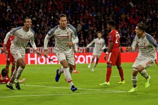 MUNICH, GERMANY - Wednesday, March 13, 2019: Liverpool's Virgil van Dijk celebrates scoring the second goal during the UEFA Champions League Round of 16 2nd Leg match between FC Bayern M¸nchen and Liverpool FC at the Allianz Arena. (Pic by David Rawcliffe/Propaganda)