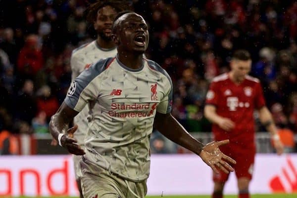 MÚNICH, ALEMANIA - Miércoles, 13 de marzo de 2019: Sadio Mane del Liverpool celebra marcar el tercer gol durante el partido de vuelta de octavos de final de la Liga de Campeones de la UEFA entre el FC Bayern M¸nchen y el Liverpool FC en el Allianz Arena.  (Foto de David Rawcliffe/Propaganda)