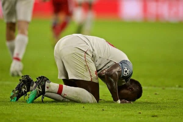 MUNICH, GERMANY - Wednesday, March 13, 2019: Liverpool's Sadio Mane kneels to pray as he celebrates scoring the third goal during the UEFA Champions League Round of 16 2nd Leg match between FC Bayern M¸nchen and Liverpool FC at the Allianz Arena. (Pic by David Rawcliffe/Propaganda)