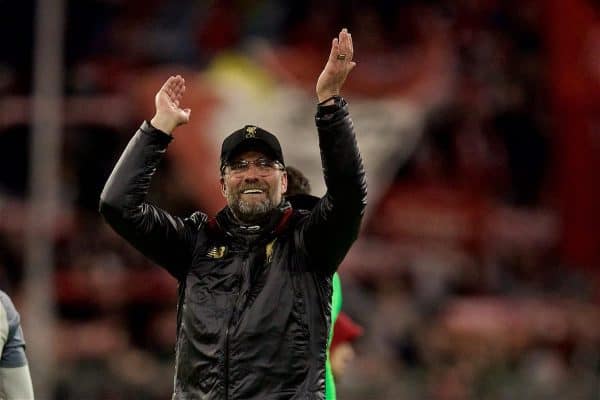 MUNICH, GERMANY - Wednesday, March 13, 2019: Liverpool's manager Jürgen Klopp celebrates after his side's 3-1 victory during the UEFA Champions League Round of 16 2nd Leg match between FC Bayern München and Liverpool FC at the Allianz Arena. (Pic by David Rawcliffe/Propaganda)