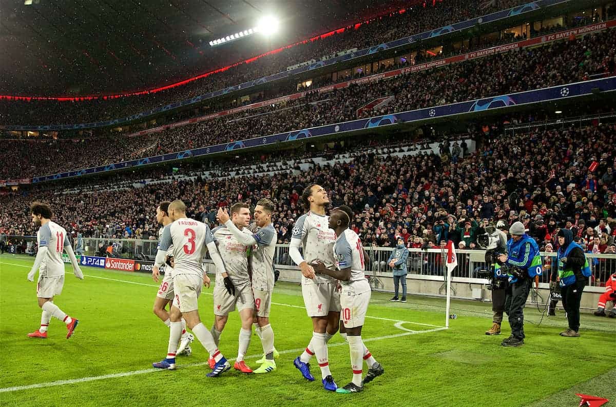 MUNICH, GERMANY - Wednesday, March 13, 2019: Liverpool's Virgil van Dijk celebrates scoring the third goal during the UEFA Champions League Round of 16 2nd Leg match between FC Bayern München and Liverpool FC at the Allianz Arena. (Pic by David Rawcliffe/Propaganda)