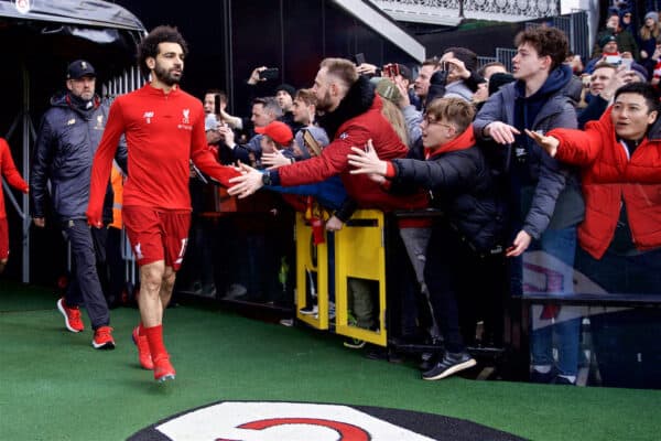 LONDON, ENGLAND - Sunday, March 17, 2019: Liverpool's Mohamed Salah runs out for the the pre-match warm-up before the FA Premier League match between Fulham FC and Liverpool FC at Craven Cottage. (Pic by David Rawcliffe/Propaganda)