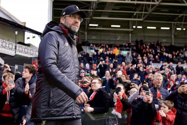 LONDON, ENGLAND - Sunday, March 17, 2019: Liverpool's manager Jürgen Klopp before the FA Premier League match between Fulham FC and Liverpool FC at Craven Cottage. (Pic by David Rawcliffe/Propaganda)