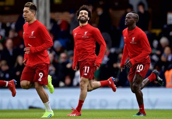 LONDON, ENGLAND - Sunday, March 17, 2019: Liverpool's Roberto Firmino (L), Mohamed Sala(C) and Sadio Mane (R) during the pre-match warm-up before during the FA Premier League match between Fulham FC and Liverpool FC at Craven Cottage. (Pic by David Rawcliffe/Propaganda)