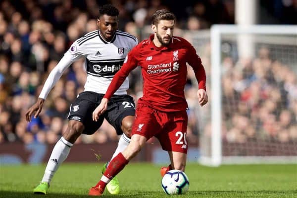 LONDON, ENGLAND - Sunday, March 17, 2019: Liverpool's Adam Lallana during the FA Premier League match between Fulham FC and Liverpool FC at Craven Cottage. (Pic by David Rawcliffe/Propaganda)