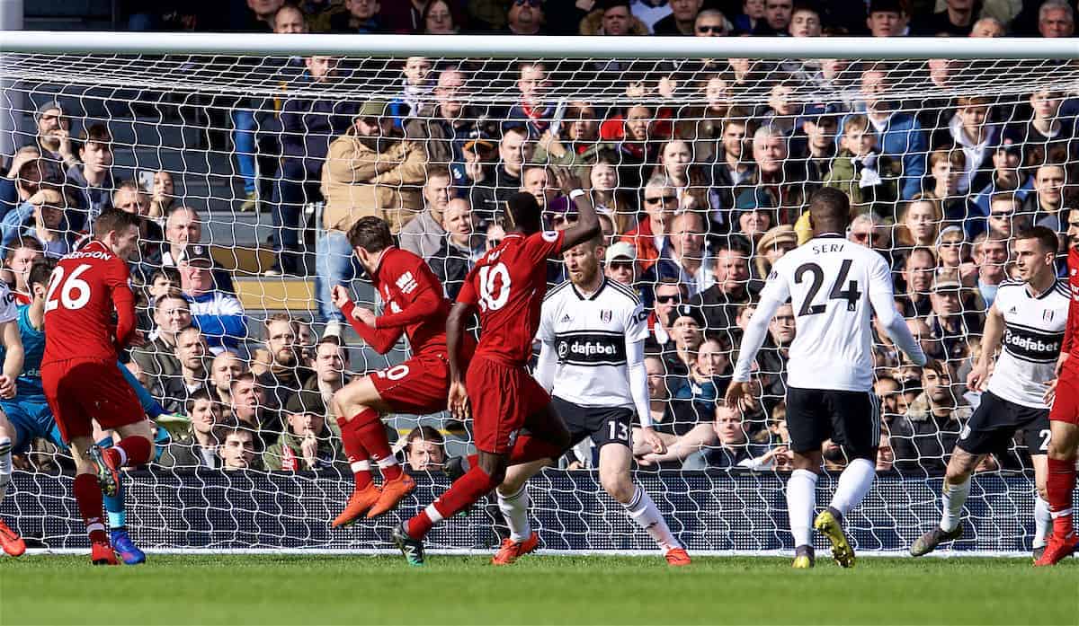 LONDON, ENGLAND - Sunday, March 17, 2019: Liverpool's Sadio Mane scores the first goal during the FA Premier League match between Fulham FC and Liverpool FC at Craven Cottage. (Pic by David Rawcliffe/Propaganda)