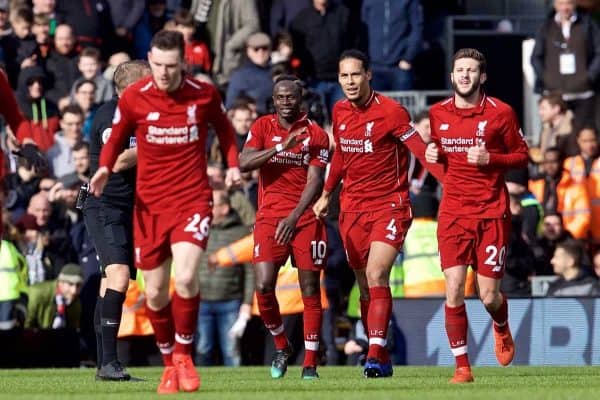 LONDON, ENGLAND - Sunday, March 17, 2019: Liverpool's Sadio Mane celebrates scoring the first goal with team-mates during the FA Premier League match between Fulham FC and Liverpool FC at Craven Cottage. (Pic by David Rawcliffe/Propaganda)