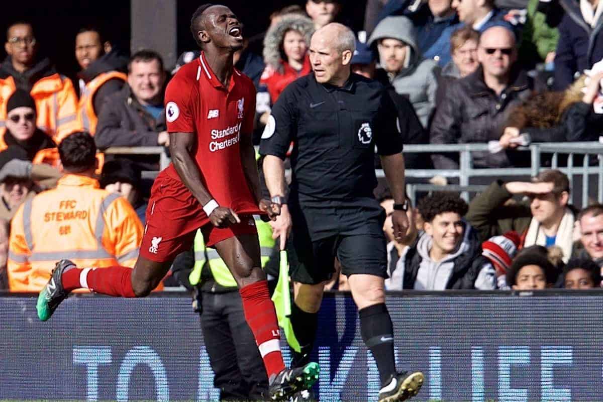 LONDON, ENGLAND - Sunday, March 17, 2019: Liverpool's Sadio Mane celebrates scoring the first goal during the FA Premier League match between Fulham FC and Liverpool FC at Craven Cottage. (Pic by David Rawcliffe/Propaganda)