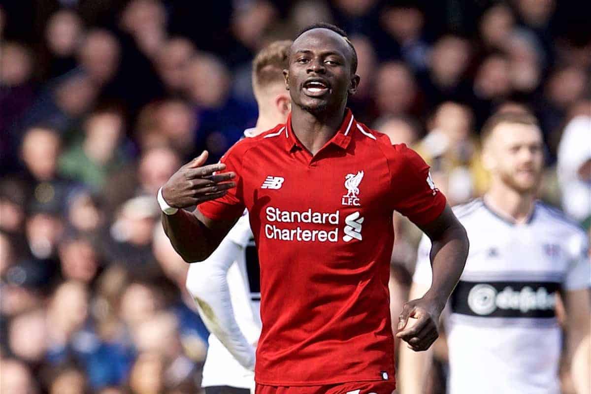 LONDON, ENGLAND - Sunday, March 17, 2019: Liverpool's Sadio Mane celebrates scoring the first goal during the FA Premier League match between Fulham FC and Liverpool FC at Craven Cottage. (Pic by David Rawcliffe/Propaganda)