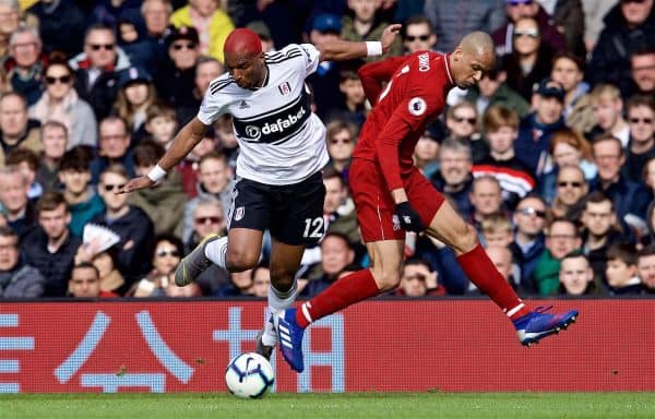 LONDON, ENGLAND - Sunday, March 17, 2019: Fulham's Ryan Babel (L) and Liverpool's Fabio Henrique Tavares 'Fabinho' during the FA Premier League match between Fulham FC and Liverpool FC at Craven Cottage. (Pic by David Rawcliffe/Propaganda)