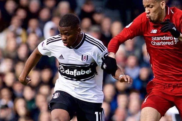 LONDON, ENGLAND - Sunday, March 17, 2019: Fulham's Floyd Ayité (L) and Liverpool's Fabio Henrique Tavares 'Fabinho' (R) during the FA Premier League match between Fulham FC and Liverpool FC at Craven Cottage. (Pic by David Rawcliffe/Propaganda)