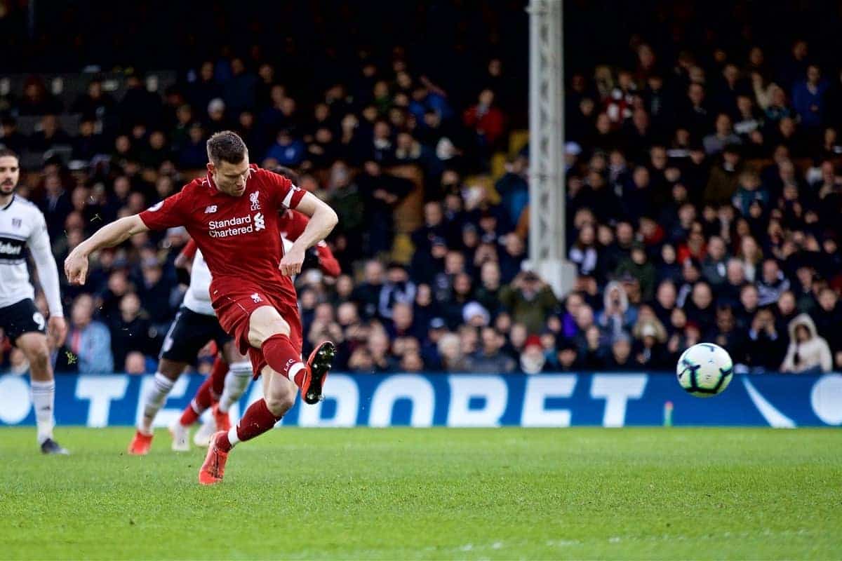 LONDON, ENGLAND - Sunday, March 17, 2019: Liverpool's captain James Milner scores the second goal from a penalty kick during the FA Premier League match between Fulham FC and Liverpool FC at Craven Cottage. (Pic by David Rawcliffe/Propaganda)