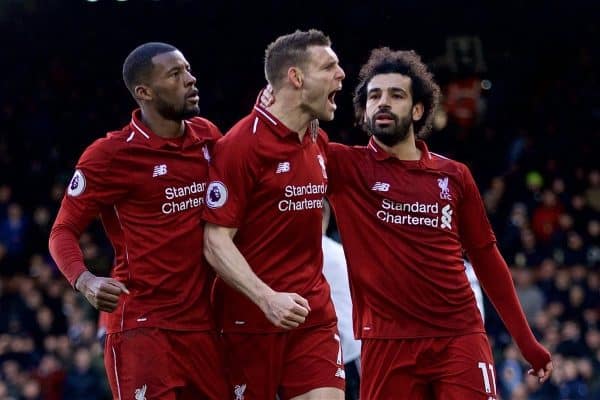 LONDON, ENGLAND - Sunday, March 17, 2019: Liverpool's captain James Milner (C) celebrates scoring the second goal from a penalty kick with team-mates Georginio Wijnaldum (L) and Mohamed Salah (R) during the FA Premier League match between Fulham FC and Liverpool FC at Craven Cottage. (Pic by David Rawcliffe/Propaganda)