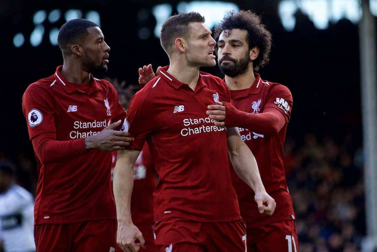 LONDON, ENGLAND - Sunday, March 17, 2019: Liverpool's captain James Milner (C) celebrates scoring the second goal from a penalty kick with team-mates Georginio Wijnaldum (L) and Mohamed Salah (R) during the FA Premier League match between Fulham FC and Liverpool FC at Craven Cottage. (Pic by David Rawcliffe/Propaganda)