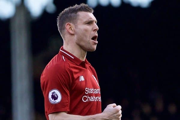 LONDON, ENGLAND - Sunday, March 17, 2019: Liverpool's captain James Milner celebrates scoring the first goal from a penalty during the FA Premier League match between Fulham FC and Liverpool FC at Craven Cottage. (Pic by David Rawcliffe/Propaganda)