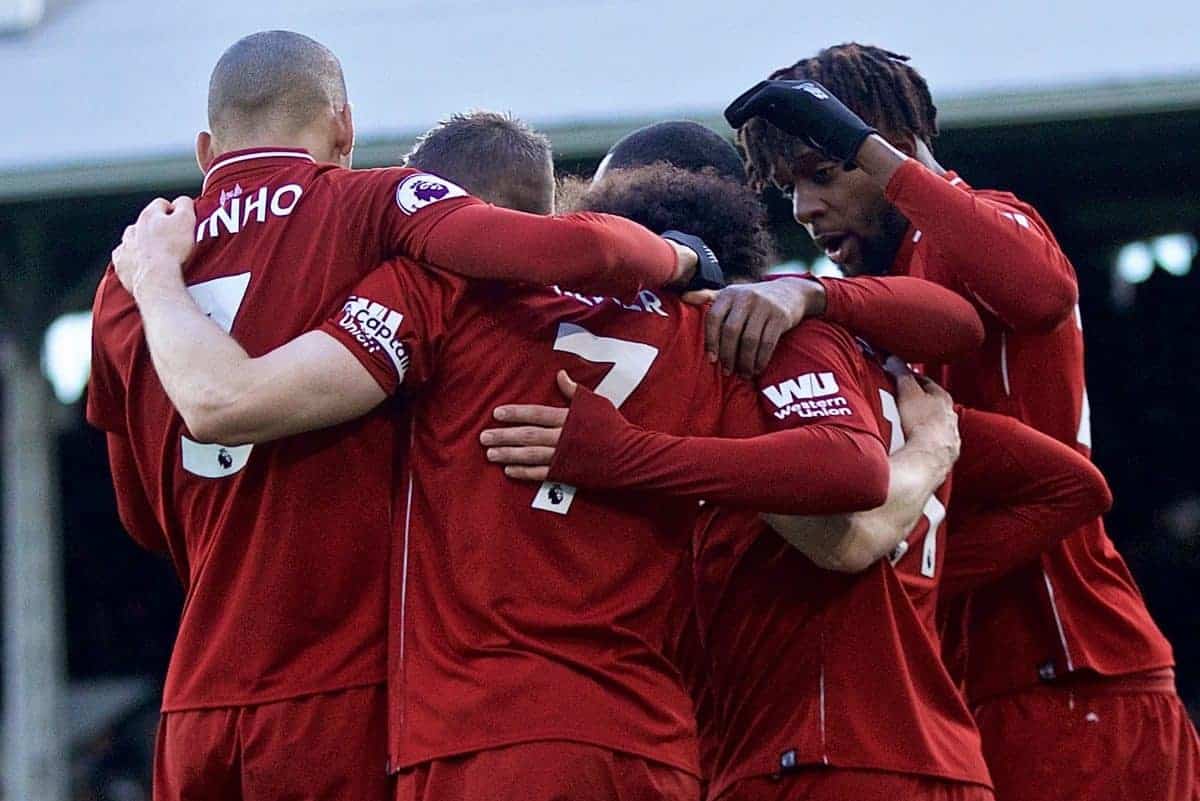 LONDON, ENGLAND - Sunday, March 17, 2019: Liverpool's captain James Milner celebrates scoring the second goal from a penalty kick with team-mates during the FA Premier League match between Fulham FC and Liverpool FC at Craven Cottage. (Pic by David Rawcliffe/Propaganda)