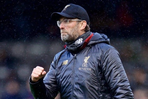 LONDON, ENGLAND - Sunday, March 17, 2019: Liverpool's manager J¸rgen Klopp celebrates 2-1 victory over Fulham after the FA Premier League match between Fulham FC and Liverpool FC at Craven Cottage. (Pic by David Rawcliffe/Propaganda)