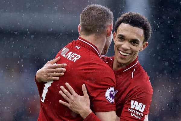 LONDON, ENGLAND - Sunday, March 17, 2019: Liverpool's captain James Milner and Trent Alexander-Arnold celebrate 2-1 victory over Fulham after the FA Premier League match between Fulham FC and Liverpool FC at Craven Cottage. (Pic by David Rawcliffe/Propaganda)