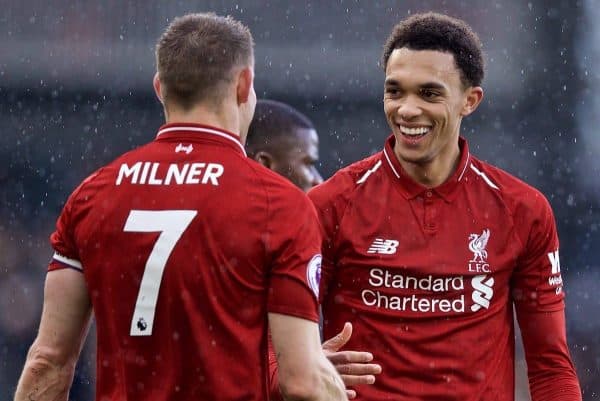 LONDON, ENGLAND - Sunday, March 17, 2019: Liverpool's captain James Milner (L) and Trent Alexander-Arnold shake hands as they celebrate 2-1 victory after the FA Premier League match between Fulham FC and Liverpool FC at Craven Cottage. (Pic by David Rawcliffe/Propaganda)