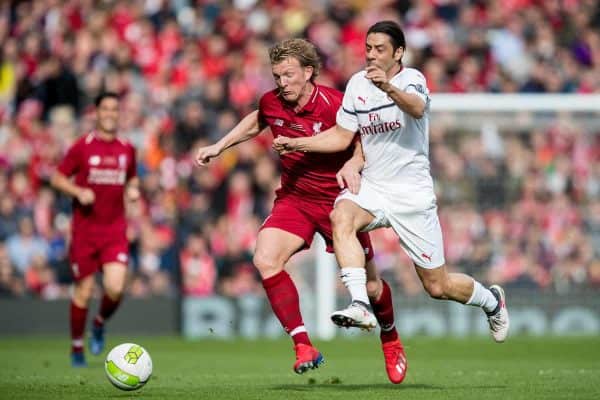 LIVERPOOL, ENGLAND - Saturday, March 23, 2019: Liverpool's Dirk Kuyt and AC Milan's Manuel Rui Costa during the LFC Foundation charity match between Liverpool FC Legends and Milan Glorie at Anfield. (Pic by Paul Greenwood/Propaganda)