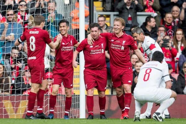 LIVERPOOL, ENGLAND - Saturday, March 23, 2019: Liverpool's Robbie Fowler celebrates scoring the opening goal to make the score 1-0 with Steven Gerrard, Luis Garcia and Dirk Kuyt during the LFC Foundation charity match between Liverpool FC Legends and Milan Glorie at Anfield. (Pic by Paul Greenwood/Propaganda)