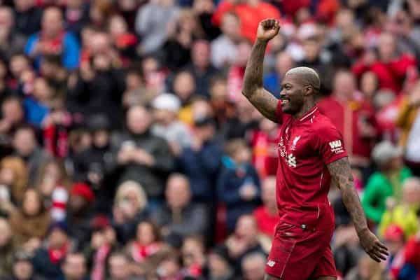 LIVERPOOL, ENGLAND - Saturday, March 23, 2019: Liverpool's Djibril Cisse celebrates scoring his goal to make the score 2-0 during the LFC Foundation charity match between Liverpool FC Legends and Milan Glorie at Anfield. (Pic by Paul Greenwood/Propaganda)