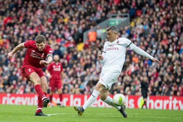 LIVERPOOL, ENGLAND - Saturday, March 23, 2019: Liverpool's Steven Gerrard scores his sides third goal to make the score 3-2 during the LFC Foundation charity match between Liverpool FC Legends and Milan Glorie at Anfield. (Pic by Paul Greenwood/Propaganda)