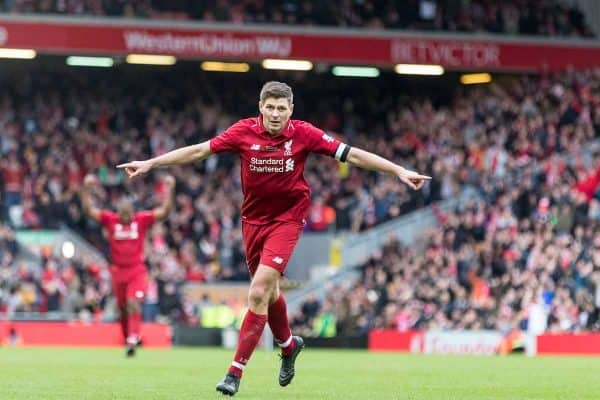 LIVERPOOL, ENGLAND - Saturday, March 23, 2019: Liverpool's Steven Gerrard celebrates scoring his sides third goal to make the score 3-2 during the LFC Foundation charity match between Liverpool FC Legends and Milan Glorie at Anfield. (Pic by Paul Greenwood/Propaganda)