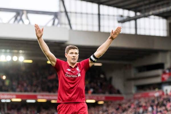 LIVERPOOL, ENGLAND - Saturday, March 23, 2019: Liverpool's Steven Gerrard celebrates scoring his sides third goal to make the score 3-2 during the LFC Foundation charity match between Liverpool FC Legends and Milan Glorie at Anfield. (Pic by Paul Greenwood/Propaganda)