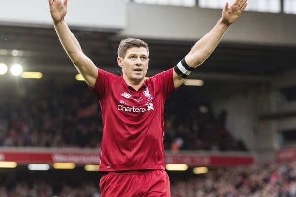 LIVERPOOL, ENGLAND - Saturday, March 23, 2019: Liverpool's Steven Gerrard celebrates scoring his sides third goal to make the score 3-2 during the LFC Foundation charity match between Liverpool FC Legends and Milan Glorie at Anfield. (Pic by Paul Greenwood/Propaganda)