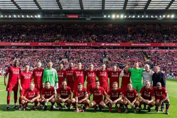 LIVERPOOL, ENGLAND - Saturday, March 23, 2019: Liverpool's LFC Legends line-up for a team group photograph before the LFC Foundation charity match between Liverpool FC Legends and Milan Glorie at Anfield. Back row L-R: Salif Diao, Michael Owen, Steve McManaman, goalkeeper Jerzy Dudek, Glen Johnson, Djimi Traore, Daniel Agger, Jamie Carragher, Bjorn Tore Kvarme, John Aldridge, goalkeeper Sander Westerveld , assistant manager Ian Rush, manager Sir Kenny Dalglish. Front row L-R: Alan Kennedy, Robbie Fowler, Patrik Berger, captain Steven Gerrard, Luis Garcia, Dirk Kuyt, Vladimir Smicer, Sami Hyypia, Djibril Cisse. (Pic by Paul Greenwood/Propaganda)