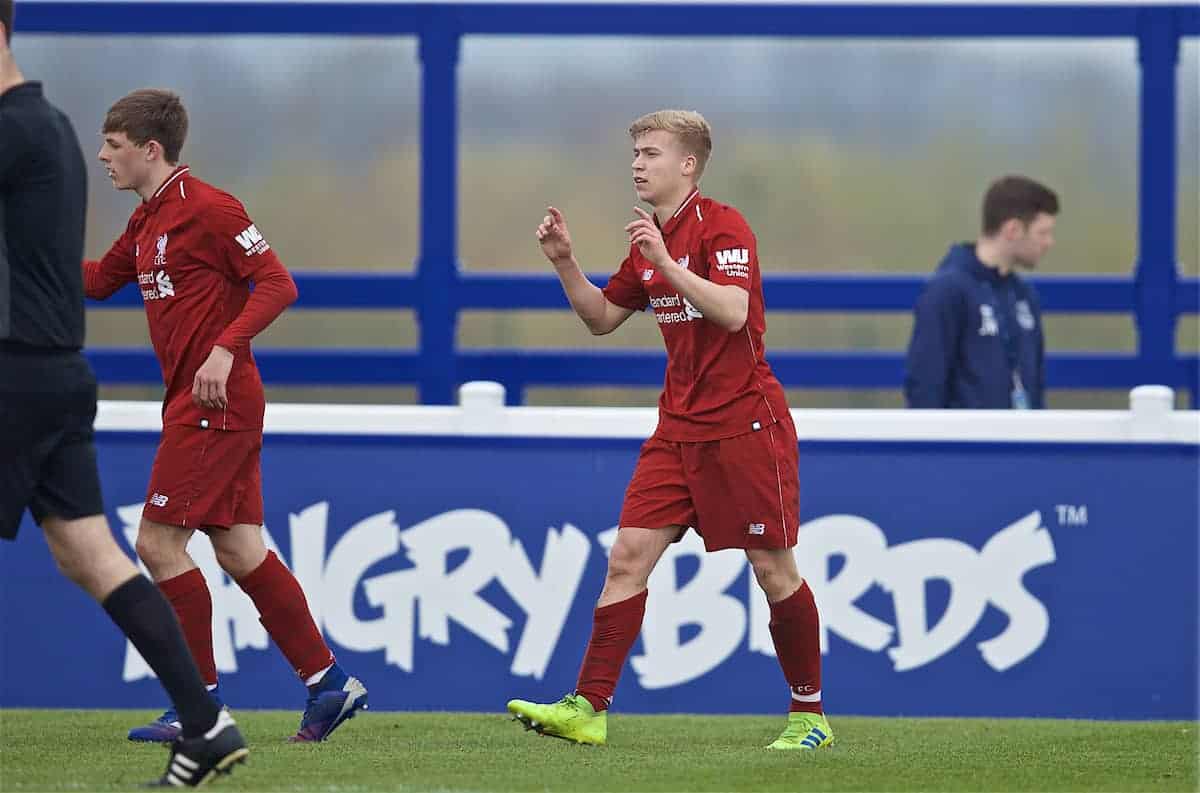 LIVERPOOL, ENGLAND - Saturday, March 30, 2019: Liverpool's Jack Bearne celebrates scoring the first goal during the FA Premier League Academy match between Everton FC and Liverpool FC, the Mini-Mini Merseyside Derby, at Finch Farm. (Pic by David Rawcliffe/Propaganda)