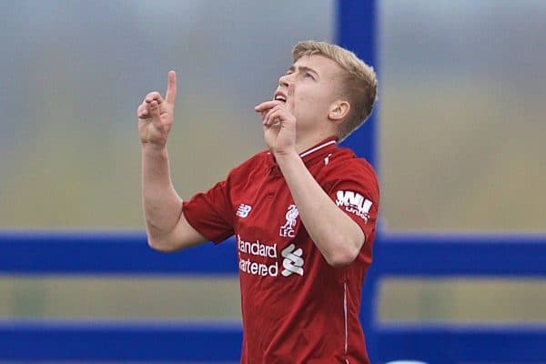LIVERPOOL, ENGLAND - Saturday, March 30, 2019: Liverpool's Jack Bearne celebrates scoring the first goal during the FA Premier League Academy match between Everton FC and Liverpool FC, the Mini-Mini Merseyside Derby, at Finch Farm. (Pic by David Rawcliffe/Propaganda)