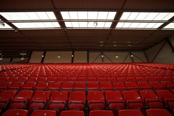 LIVERPOOL, ENGLAND - Sunday, March 31, 2019: Red seats illuminated by the skylights in the roof of the Spion Kop before the FA Premier League match between Liverpool FC and Tottenham Hotspur FC at Anfield. (Pic by David Rawcliffe/Propaganda)