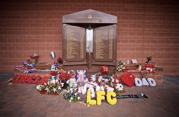 LIVERPOOL, ENGLAND - Sunday, March 31, 2019: Floral tributes left at the Hillsborough Memorial outside Anfield, April 2019 marks the 30th anniversary of the disaster that claimed the lives of 96 Liverpool supporters, pictured before the FA Premier League match between Liverpool FC and Tottenham Hotspur FC at Anfield. (Pic by David Rawcliffe/Propaganda)